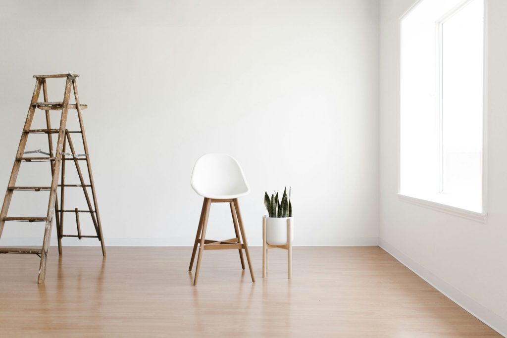 Ladder, chair, and plant indoors
